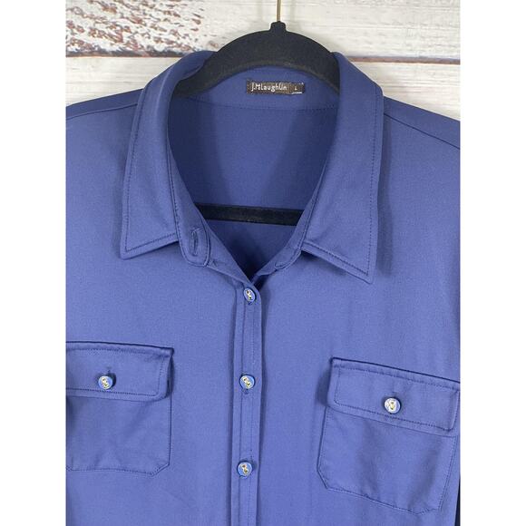 J.McLaughlin Shirt Womens Large Blue Stretch Button Front Roll Tab 3/4 Sleeve - Picture 2 of 8
